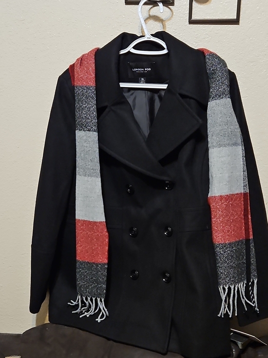 London Fog Jackets & Blazers - London Fog Black Double-Breasted Peacoat with Red and Gray Striped Scarf